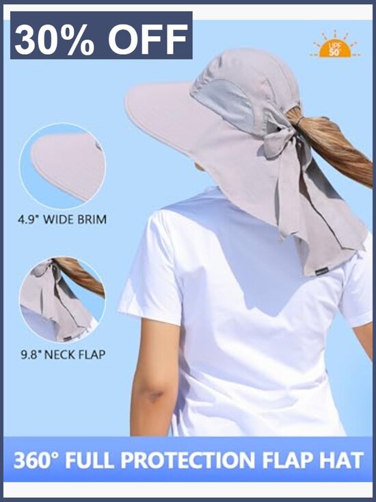 Wide Brim Sun Hat with Ponytail Hole Neck Flap UPF 50+